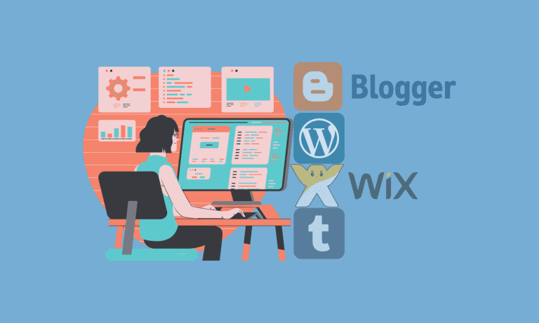 illustration showing person at their workstation with four blogging platforms showiing; Image by Al Kwarismi Wirawan from Pixabay